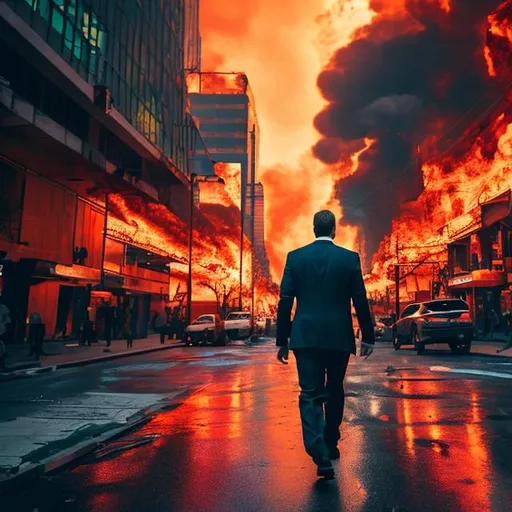 Prompt: a man in a suit walking through a city on fire