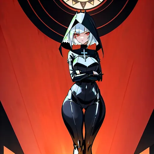 Prompt: a lonely AI girl, very tall, thick thighs, wide hips, huge glutes, long legs, slender arms, slender waist, big beautiful symmetrical eyes, intriguingly beautiful face, aloof expression, bob haircut with bangs, wearing demonic heavy plate-armor, evil Satanic fallen-nun fashion, 12K resolution, hyper quality, hyper-detailed, 12K resolution, hyper-professional