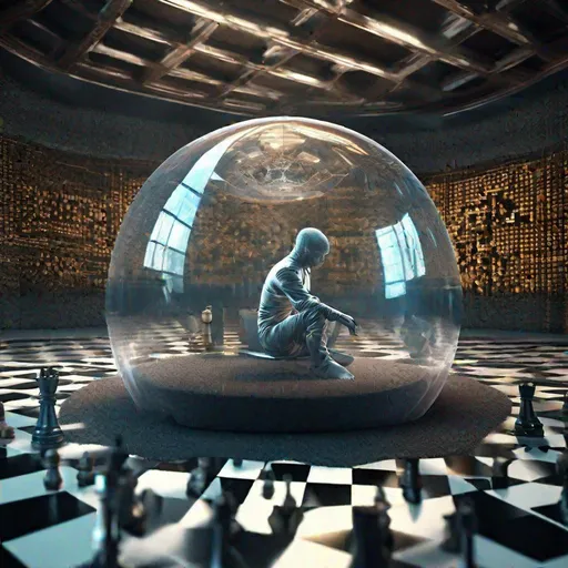Prompt: A futuristic man inside a glass orb over a big carpet that has the shape of a chess game the size of a room beautiful  digital artwork hyperdetailed
