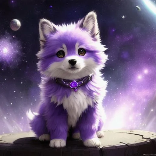 Prompt: Cute, purple, fluffy, fantasy space puppy, with starry, purple eyes, purple fur, and possessing the element of space and making circles of stars
 move around in the air in a magical way, in a space background. Perfect features, extremely detailed, realistic. Krenz Cushart + loish +gaston bussiere +craig mullins, j. c. leyendecker +Artgerm.