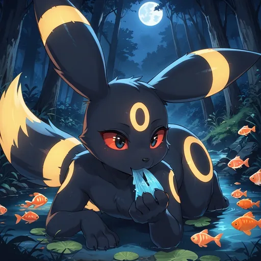 Prompt: umbreon with it's glowing golden marks in the forest at night, with a fish in it's mouth.