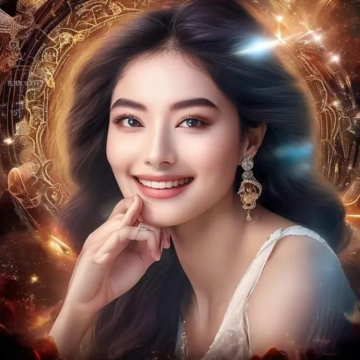 Prompt: Radiant, enchanting, and captivating; her grace transcends time. With mesmerizing eyes that hold the secrets of the universe, and a smile that illuminates hearts. Effortlessly elegant, she embodies the essence of timeless beauty.
