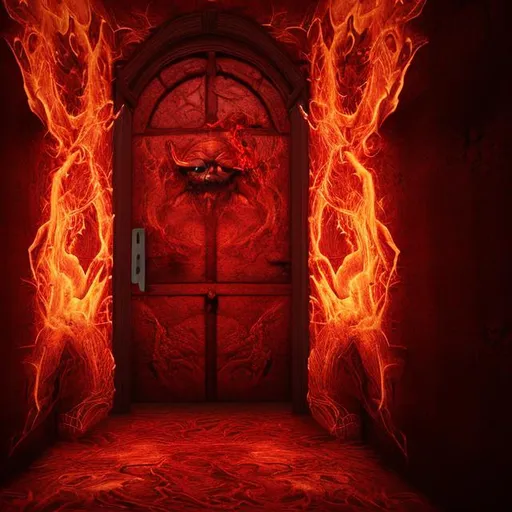 Prompt: red sticky hell door opening on hell with demons a side realistic