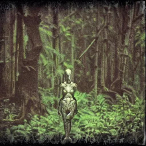 Prompt: eerie humanoid creature roaming a lush forest, grainy polaroid, early technicolour image, photorealistic