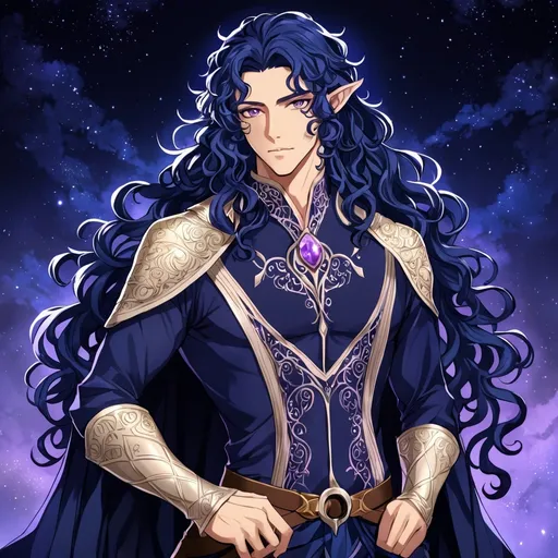 Prompt: Anime style, rpg elf. Hot man. Slightly feminine. Violet eyes. Long hair. Midnight blue curly hair. Fantasy outfit