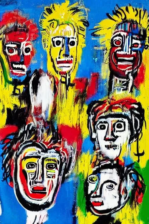 Prompt: paint a full colour picture of a blonde family of 5 in the style of jean michel basquiat