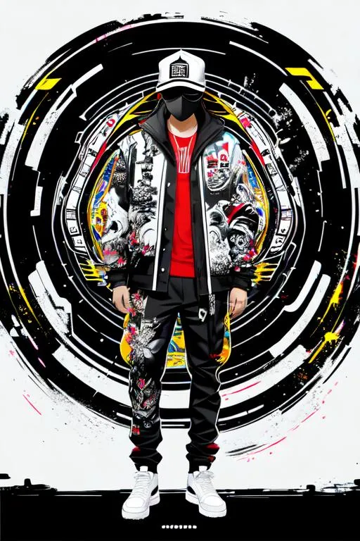 Prompt: full body portrait front view, looking from below,

semi-transparent splash ink painting atompunk hallyu brush strokes hyperdetailed intricate elaborate graffiti vector background,

masterpiece best quality hyperdetailed 2D 1 man manhua, streetwear outfit, hat, mask, walking,

ray tracing reflections, futurism, atompunk, hallyu,

2D vector art, album cover art, wallpaper art, clean art, digital art, 2D vector illustration, digital painting,

colorful palette, limited palette,

centered, middle,