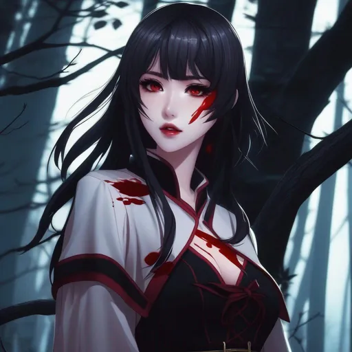 Prompt: there is a woman with blood on her face standing in the woods, 2. 5 d cgi anime fantasy artwork, korean girl, 🎀 🧟 🍓 🧚, anime and manga, inspired by Trevor Brown, evil intent, dimly - lit, shodan