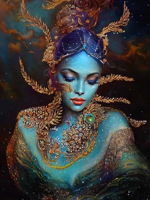 Prompt: A sea goddess, highly detailed intricate bioluminescent scales, stunning face, a crystal shimmer crown by Anna Dittmann, artgerm, catrin welz-stein, Edouard Bisson, highly detailed oil painting, portrait of a beautiful woman, art by Stanley Artgerm, Charlie Bowater, Atey Ghailan and Mike Mignola, dramatic makeup, cinematic perfect lighting, ocean marine flora background, unreal engine, vivid colors, 