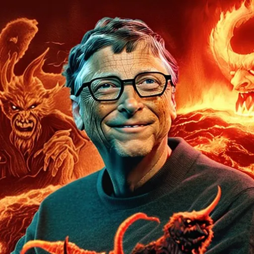 Prompt: Bill Gates as Satan knitting in hell with fire behind him