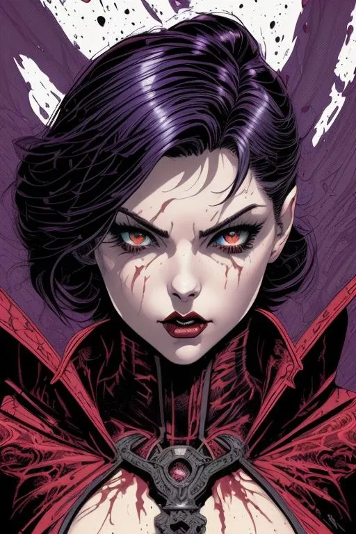 Prompt: Gorgeous Vampire aristocrat girl, Marvel, Super Villian, Julia Voth Camren Bicondova, By Dan Mumford, By James Gurney, By Russ Mills, vintage comic art, Gothic Noir, 8 bit, Pixel art, Borderlands: Oil splash!! Oil stained!!", intricate hyperdetailed fluid gouache illustration, fluid acrylic, Anime key visual 