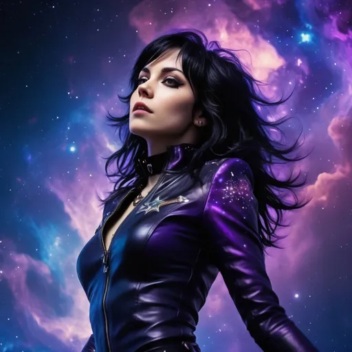 Prompt: woman looks like young joan jett long wavy hair, wearing Astromancer attire, floating in space, goddess pose