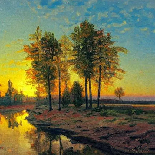 Prompt: A detailed Michigan landscape at sunset in the style of Peder Mork Monsted