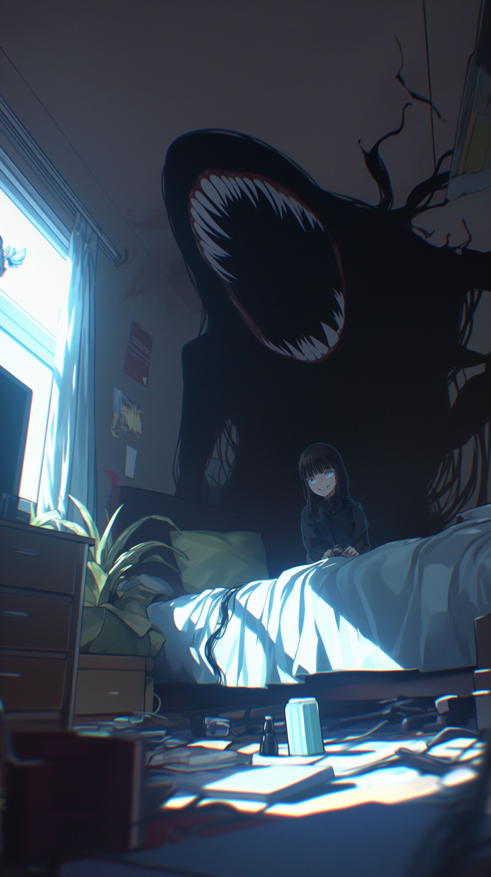 Prompt: shadow people, large sharp white shark teeth in a long smile from ear to ear, long black limbs and fingers, bright large glowing eyes, black smokey entity, haunting, crawling over the bed in a messy bedroom in the dark, --ar 9:16 --niji 6 - Upscaled (Creative) by @PaladinIzzy (relaxed)