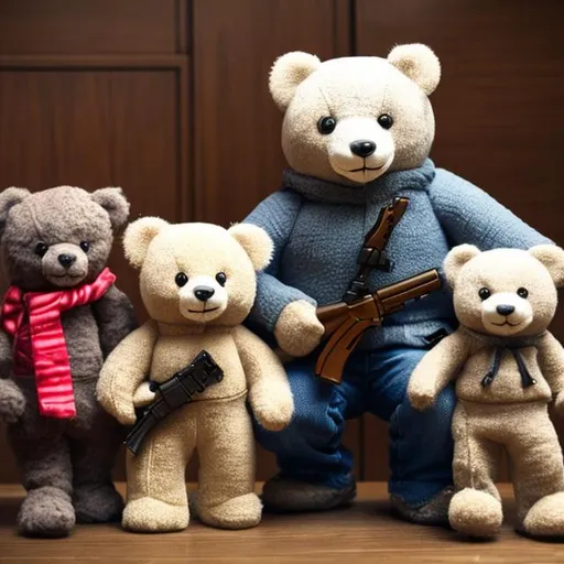 Prompt: Armed killer teddy and his family