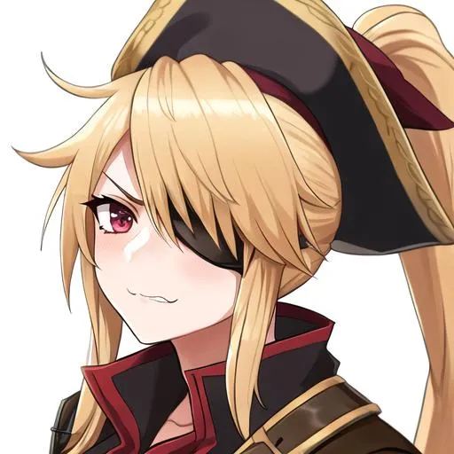 Prompt: Female pirate, (blonde hair pulled back into a ponytail) ,UHD, 8K, insane detail, best quality, high quality,  pirate, eye patch, fierce, friendly, pirate hat, highly detailed