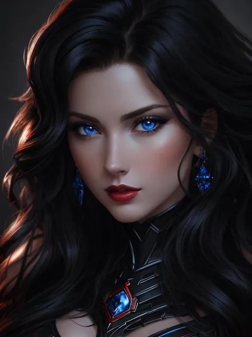 Prompt: A hyper realistic detailed image of a ((sexy woman)) with ((a pale skin skin)) (((black hair))) ((royal blue eyes)) with ((sexy RED and BLACK outfit)), with a plunging neckline, balayage wild hair, highly detailed, digital painting, Trending on Deviantart, HD quality, ((by JuneJenssen)), ((very huge breast)),