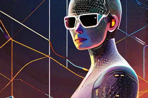 Prompt: Formed by intricate lines and shapes, an AI agent stands as the main subject. Surrounded by a network of nodes and connections, it navigates a virtual environment guided by a policy gradient-based training algorithm. Graphs and charts symbolize the processed data, while the agent dons a futuristic suit with glowing accents and augmented reality glasses. The image style is sleek, modern, and vibrant, capturing the intense and focused atmosphere of the training process.