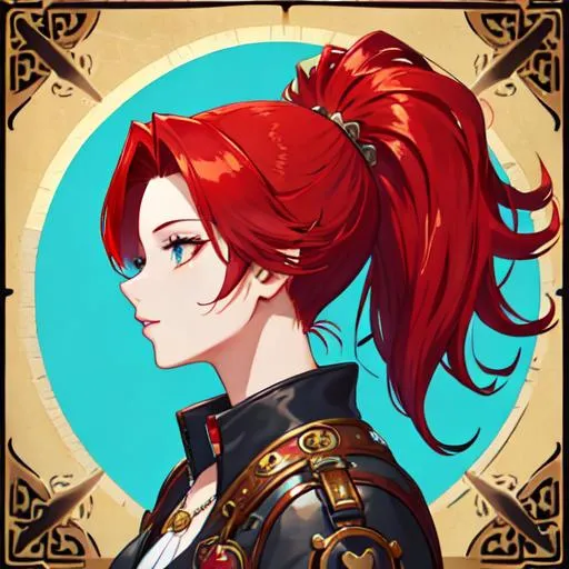 Prompt: Haley with bright red hair pulled back, side profile, wearing a heart locket, steampunk