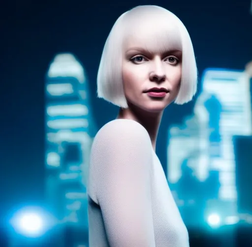 Prompt: Full portait of a pale tall woman with a pale blond bob, a fitted futuristic outfit and a confident stance standing in front of a dark futuristic city