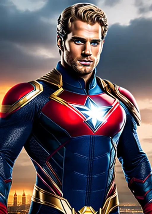 Prompt: High-resolution hyperrealistic photo of {captain britain} merged with captain mar-vell, played by blond henry cavill, blue and red and silver costume, uhd, hdr, 64k