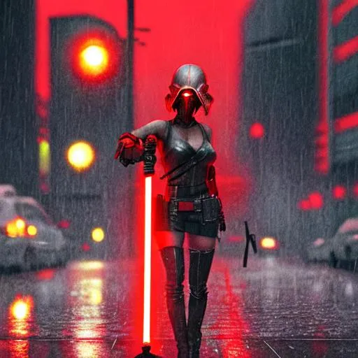 Prompt: Bounty Hunter wielding red light saber in a raining city