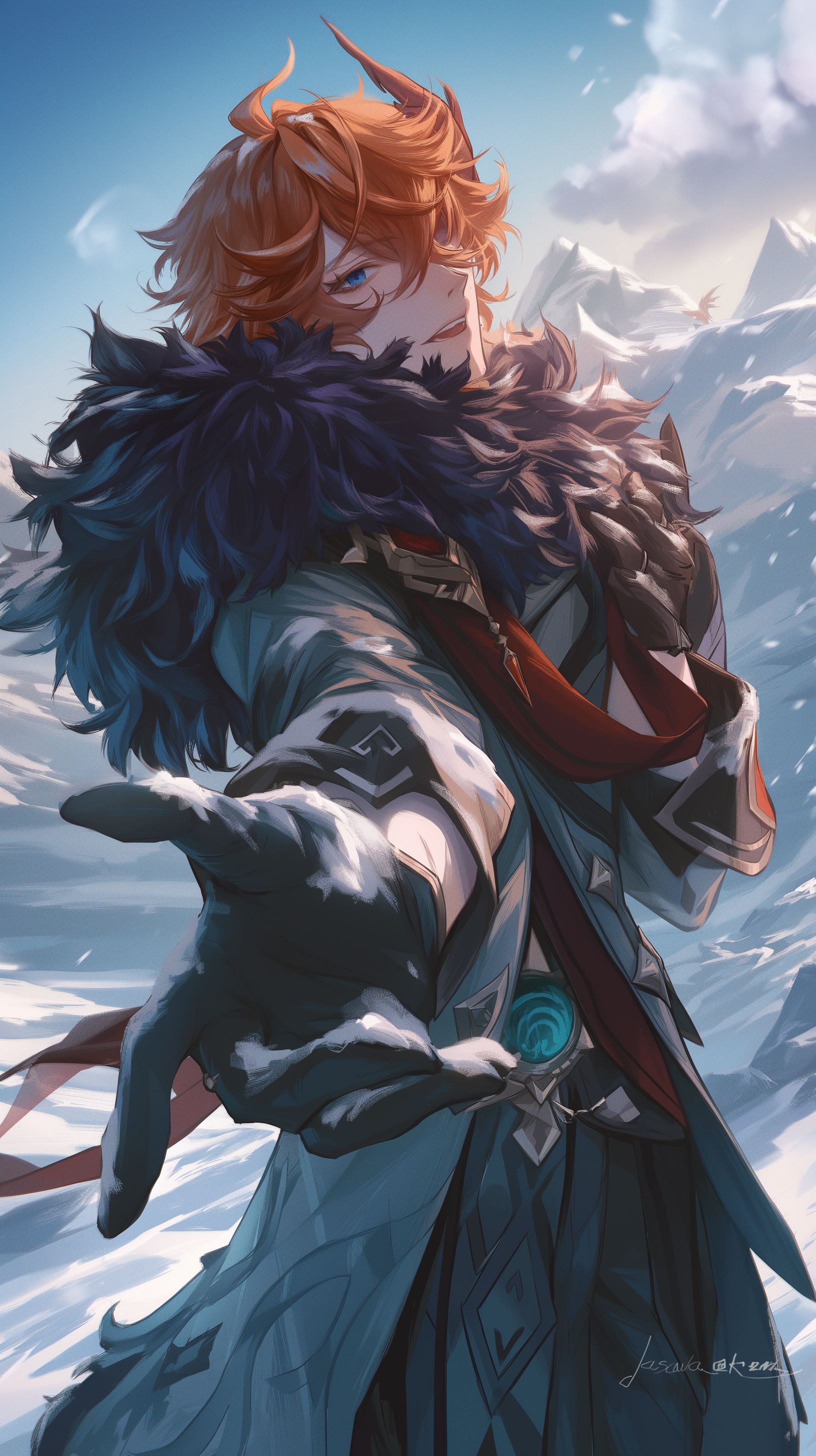Prompt: tartaglia from genshin impact as a realistic Muppet with extra frizzy orange hair made of feathers and a sassy thick orange eyebrow, he is standing in a dramatic battle pose with a dramatic snowy mountain behind him, blizzard, heavy snow, covered in snow --niji 6 --ar 9:16