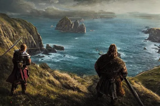 Prompt: 2 viking warriors ::0.4 travelling on a cliff to a background fantasy castle , view of a coast line landscape , english coastline, perspective, folklore, King Arthur, Lord of the Rings, Game of Thrones. Photographic, Photography, photorealistic, concept art, Artstation trending , cinematic lighting, cinematic composition, rule of thirds, golden hour, ultra-detailed