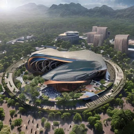 Prompt: modern design of big advanced hospital  with a diamond and copper roof and intricate and artistic congolese minerals details with elements of precolonial Congolese inspiration inmodern kinshasa, volumetric natural light wakanda style, cinematic light, ultra realistic, vray, far view, perspective landscape