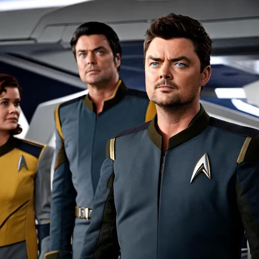 Prompt: Karl Urban in a Starfleet uniform, on a Galaxy class starship. {Star Trek: The Next Generation}