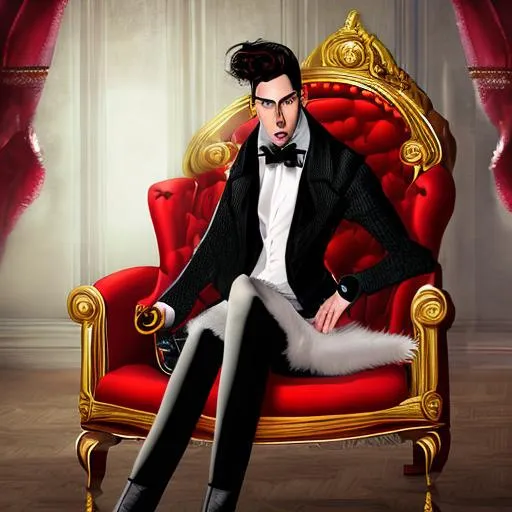 Prompt: full body charater concept, a young socialite vampire man with short red wavy ginger hair sitting in a red victorian armchair having a smoke, alluring red eyes, hypnotic gaze, charming, handsome, flirty, swaave, Background + High Society Victorian Mansion + smoking room, Proper victorian clothing, 70mm, high detail, nikon d750, hyper detailed, photographic detail, uhd, unreal engine 5, headshot render, octane render, bokeh, style of Karol Bak + Charlie Bowater --ar 9:16 --q 2 --upbeta --v 5