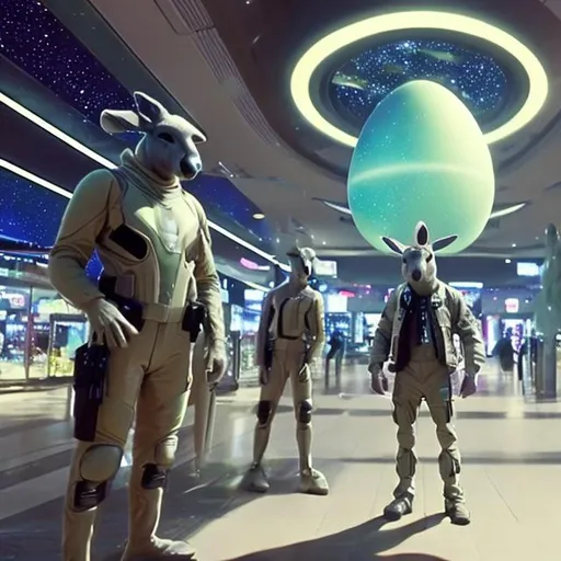 Prompt: Kangaroo security guards in a busy alien mall, widescreen, infinity vanishing point, galaxy background, surprise easter egg