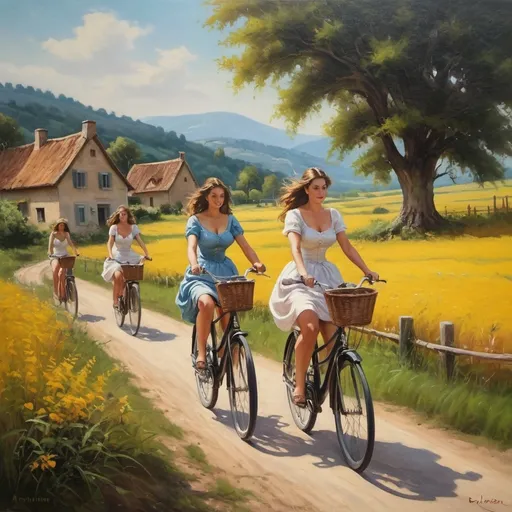 Prompt: A captivating oil painting of buxom women riding bicycles in picturesque countryside setting 