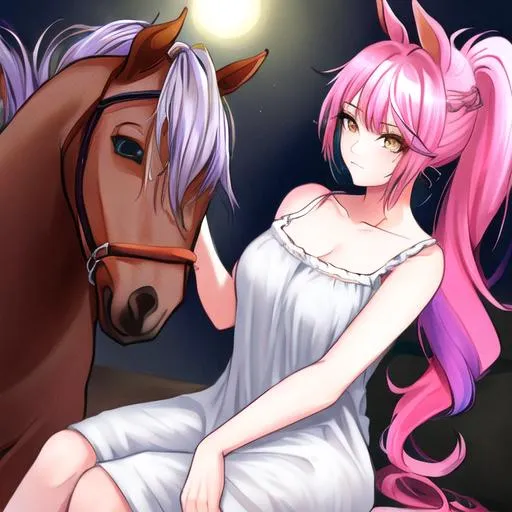 Prompt: Haley as a horse girl with bright multi-color hair pulled back in a pony tail, wearing a nightgown