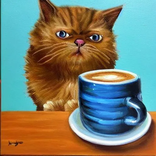 Prompt: a painting of a fluffy cat looking into a coffee cup
