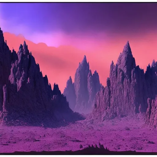 Prompt: concept art, thick red sandstorm grain filter, "Warlocks and Warriors" Sprague de Camp style, purple desert, jagged purple rock crags