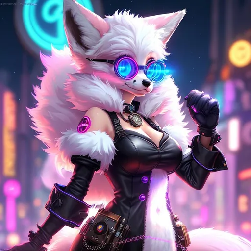 Prompt: highres, fursona, fox, cute, female, white and pink fur, glowing blue eyes, black fur gloves, night, neon lights, steampunk background, masterpiece, best quality, concept art, 8k, soft lighting