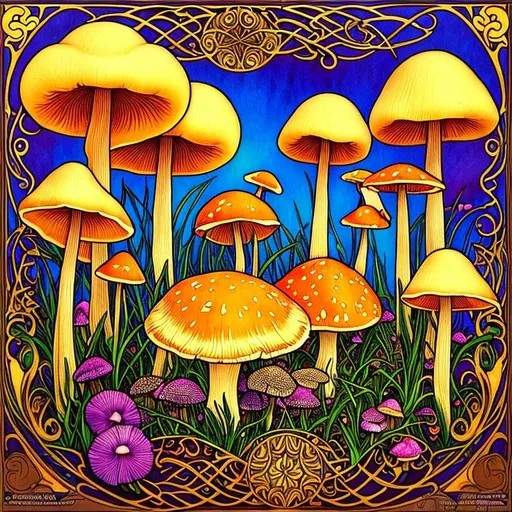 Prompt: Mushrooms, trippy, art nouveau, colorful