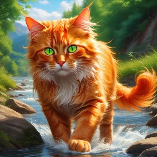 Prompt: warrior cat with {fiery orange fur} and bright green eyes, young male cat, epic anime portrait, beautiful 8k eyes, fine oil painting, intense, lunging at viewer, wearing shiny bracelet, solid red belly, worm's eye view, zoomed out view of character,  (unsheathed claws), visible claws, 64k, hyper detailed, expressive, intense, hissing cat, aggressive, intelligent, lithe, small, covered in scratches and scars, thick billowing mane, glistening golden fur, golden ratio, precise, perfect proportions, vibrant, prowling by a sun-bathed river, hyper detailed, dynamic, complementary colors, UHD, HDR, top quality artwork, beautiful detailed background, unreal 5, artstaion, deviantart, instagram, professional, masterpiece