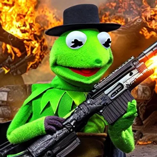 Prompt: Kermit the Frog with an AK-47 fighting Doomslayer in Hell