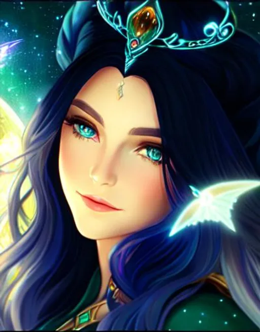 Prompt: Art nouveau, 3/4 view of A silver  haired fade to blue elf(female), green eyes, long hair, (female), (crown), sparkles, 3D lightning, moths(blue), starry night, midnight sky, bright moonlight, bathing in ocean, dragon wings, dragon tail, dragon horns, sparkles 