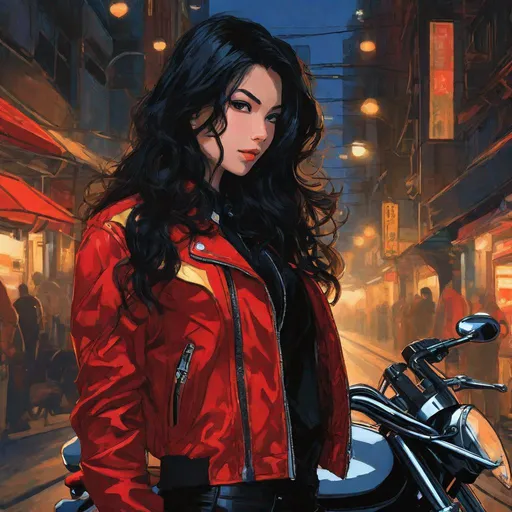 Prompt: Third person, high quality, high resolution, detailed, portrait, motorcyclist, tanned white skin, long wavy black hair, vampire woman, confident and imposing young woman holding a motorcycle helmet, red and gold bomber jacket with cuffed black pants, vibrant color nighttime city atmosphere, anime style, manga style, Studio Ghibli, detailed print by Hayao Miyazaki, 