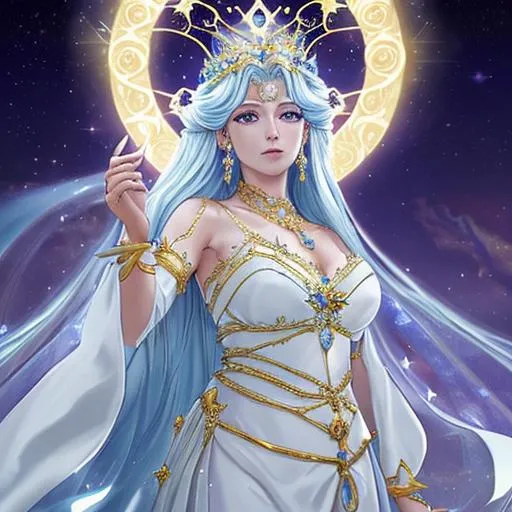 Prompt: Queen: Astraea Moonglow
Description: Queen Astraea radiates grace and wisdom, with a gentle aura that echoes the shimmering moonlight. Her flowing gown and a crown adorned with lunar symbols reflect her deep connection to the celestial realm. Queen Astraea brings a sense of serenity and guidance to Luminary Cove, nurturing the town's harmonious relationship with nature.