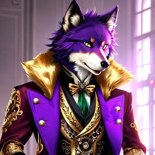 Prompt: This art piece features a fursona depicting an anthropomorphic male wolf distinguished by his exquisite purple fur and strikingly bright green eyes The wolf is fashionably dressed in a bold red tailcoat with lavish gold embroidery that perfectly accentuates his attire All these elements are within the confines of a stunning and fanciful world of steampunk fantasy