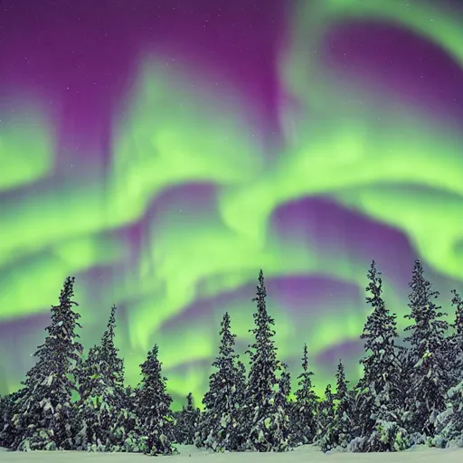 Prompt: nordic sight, snowy mountains, bunch of pine, aurora