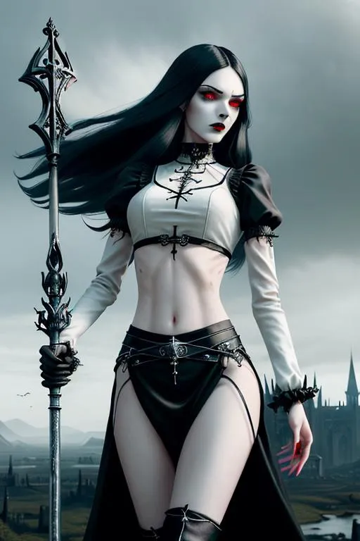 Prompt: Gorgeous perfectly detailed facial features, long legs, sumptuous hyper detailed perfect body, ultra pale, visible midriff, random pose, gothic fantasy, gloomy random dystopian landscape, goth girl with a sceptre, dragging a virgin woman to an alter,

wearing a long black period appropriate dress, wind blown long flowing random colored hair, large reflective red eyes, fierce agonizing look, 

wandering magical lights, surreal, symmetrical intricate details, hyper detailed perfect studio lighting, perfect shading, 

Professional Photo Realistic Image, RAW, artstation, splash style dark fractal paint, contour, hyper detailed, intricately detailed, unreal engine, fantastical, intricate detail, steam screen, complimentary colors, fantasy concept art, 64k resolution, deviantart masterpiece, splash arts, ultra details, Ultra realistic, hi res, UHD, complete 3D rendering.