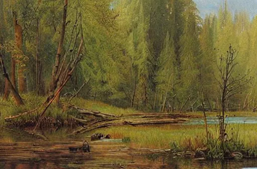 Prompt: beautiful artwork by ivan shishkin, no animals, marsh