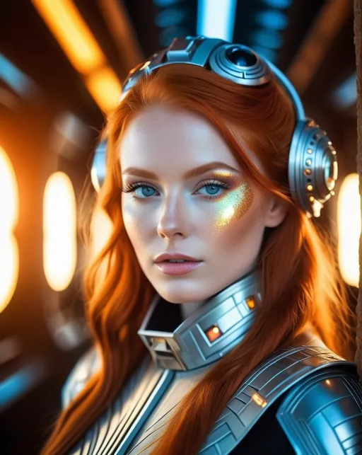 Prompt: RAW Photograph, closeup of a beautiful ginger woman who lives in a vast galactic empire in a distant future, stunning eyes that pierce your soul, wearing elegant clothing with luminescent detailing, colorful, highly detailed skin with visible pores, she holds secret knowledge about the fundamental nature of reality, specular highlights, future technology, cosmic motif, minimalist composition, insane intricate detail, award winning art, raytracing, sharp focus, 8k, hdr, masterpiece, photography, dslr, kodachrome, 35mm photograph, analog film, professional, highly detailed