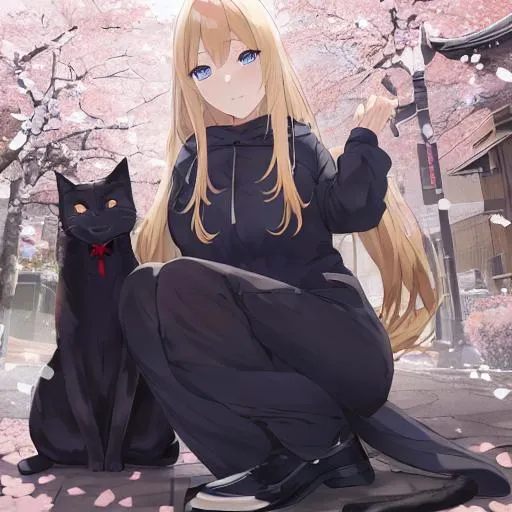 Cute Anime Cat Girl in Black Costume with Long Hair