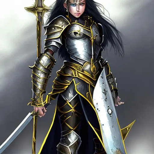 Prompt: Warrior girl with a white and gold armour and a geant black sword